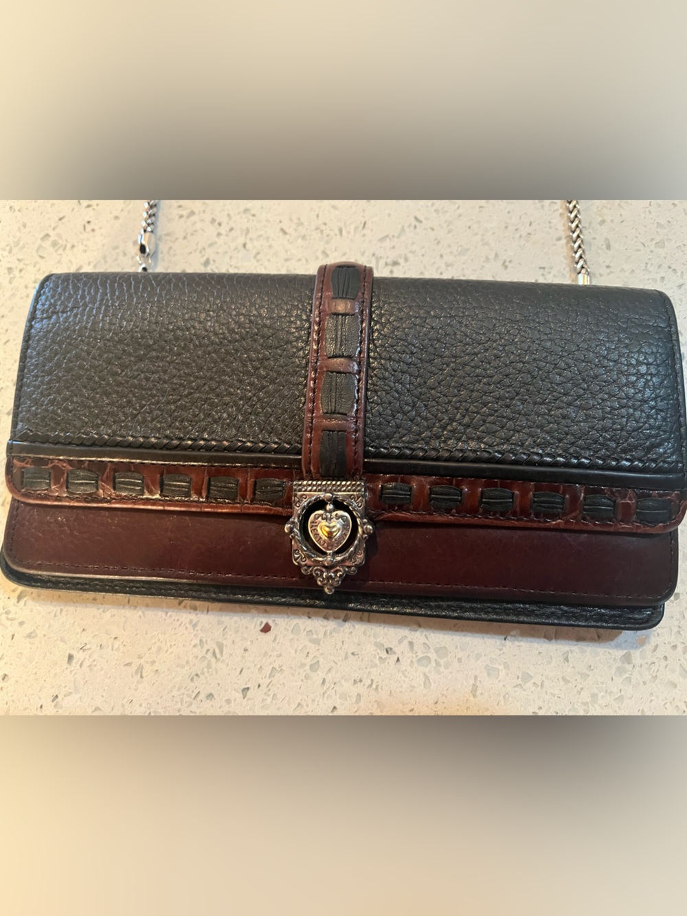 Black and Brown Leather Men's Wallet Clutch with Decorative Closure